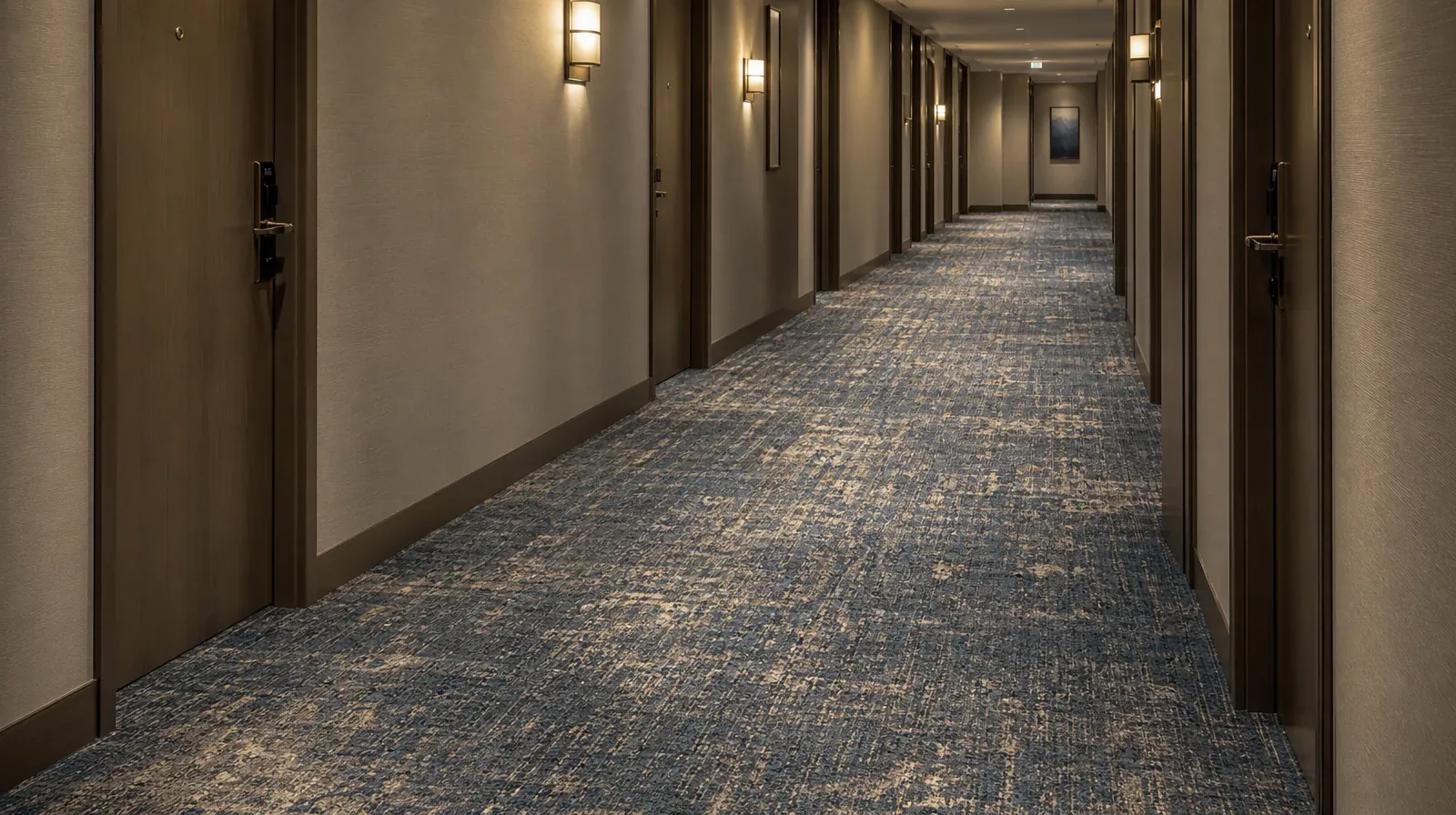Illustrative hotel corridor with blue and gold patterned broadloom