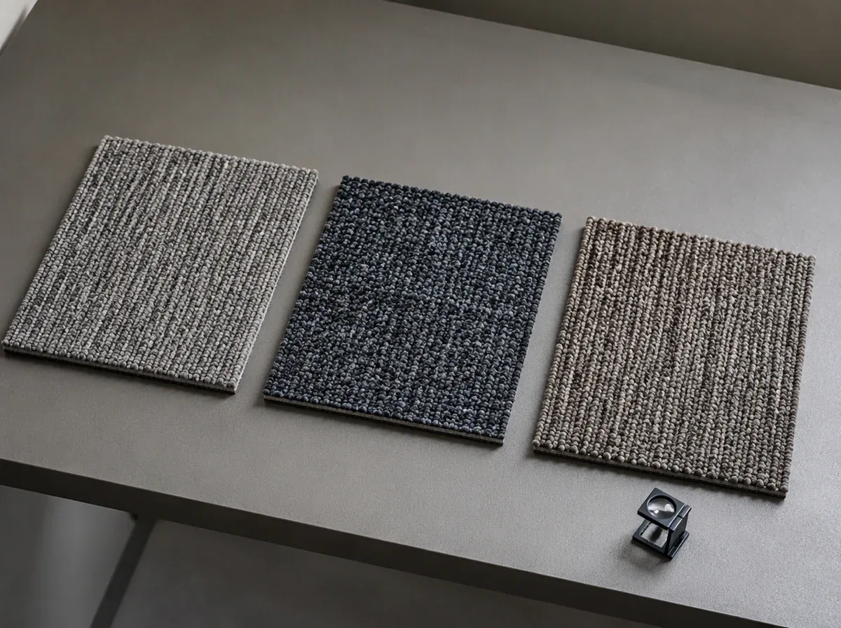 Illustrative comparison of three carpet fiber samples on a worktable