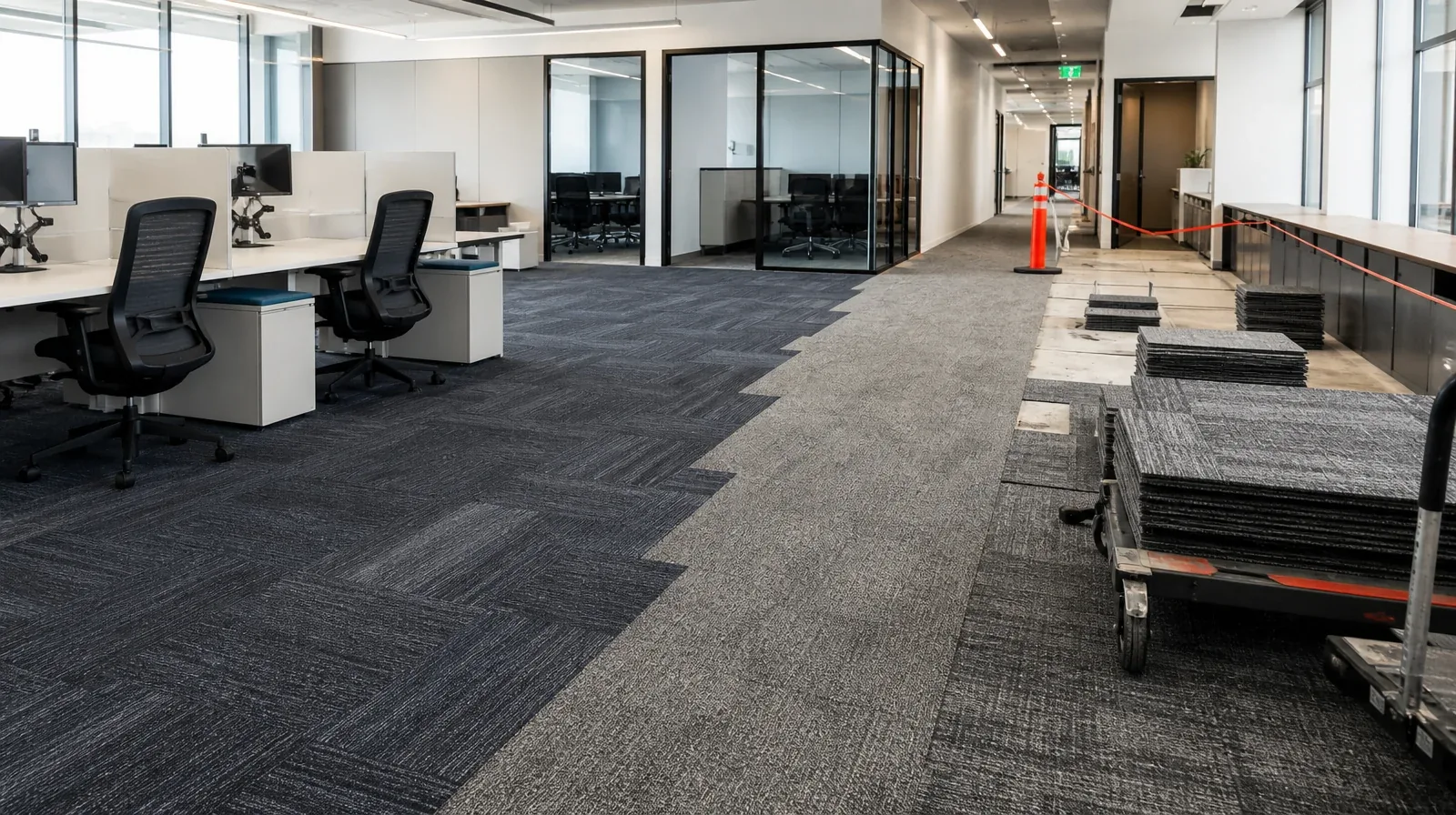Illustrative phased office renovation with modular carpet tiles