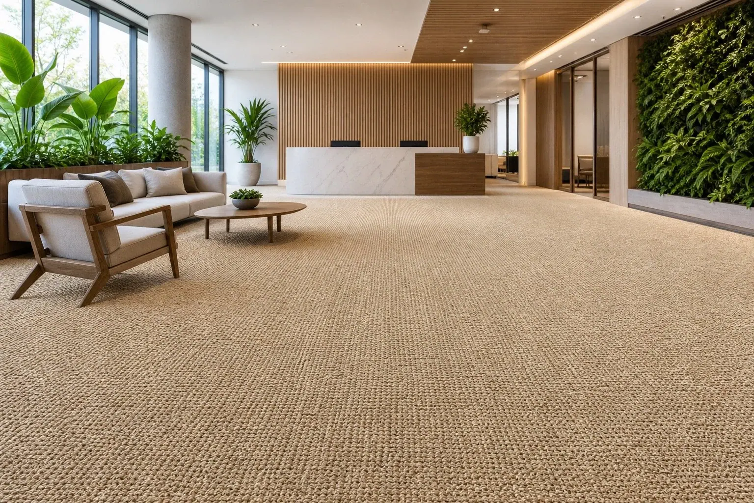 Natural sisal linen-weave commercial carpet installed in office reception public area by VCARPETS