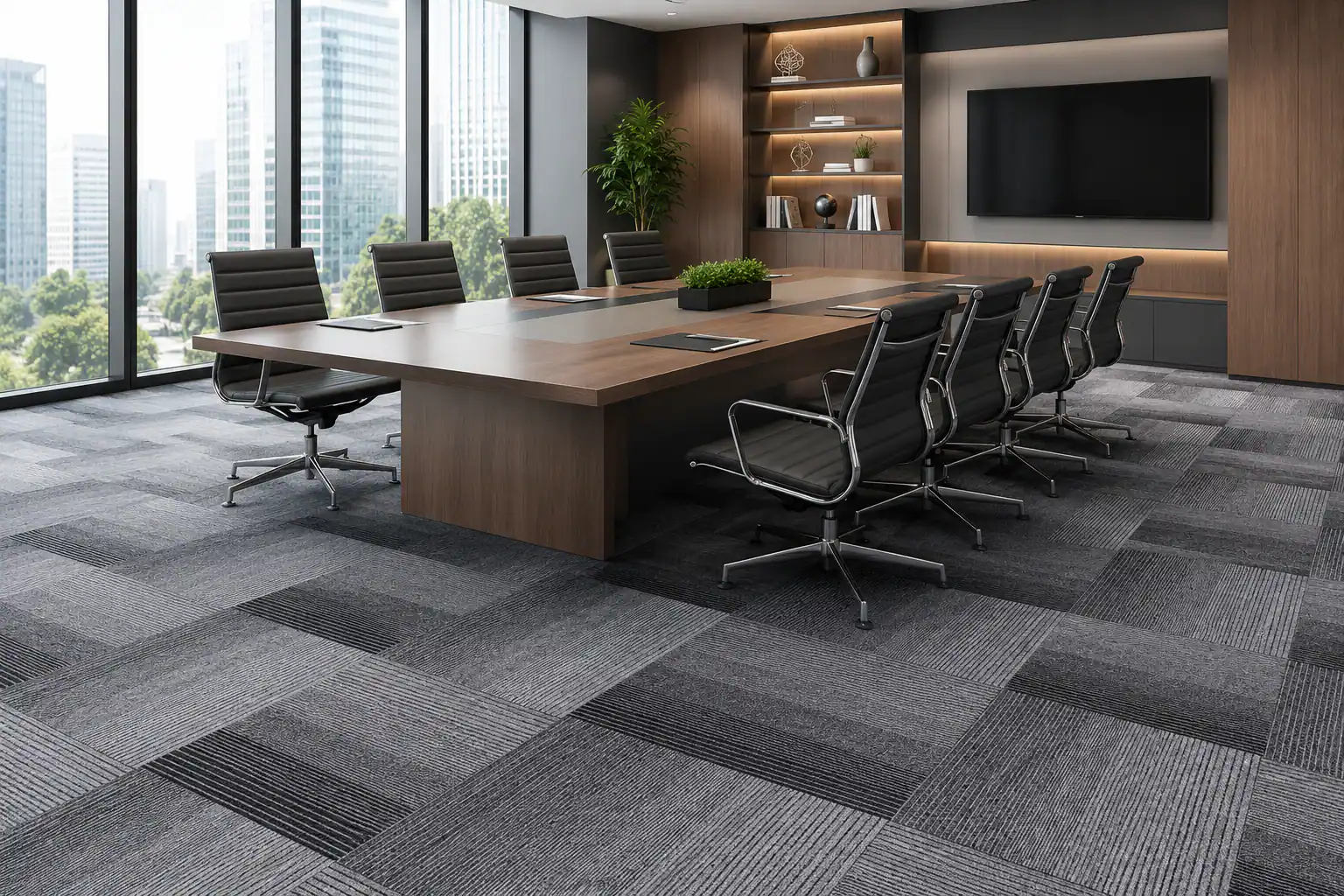VCARPETS PP bitumen backed office carpet tiles 50x50cm installed in a modern meeting room