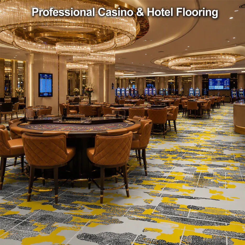 Professional casino and hotel flooring scene with custom patterned commercial carpet