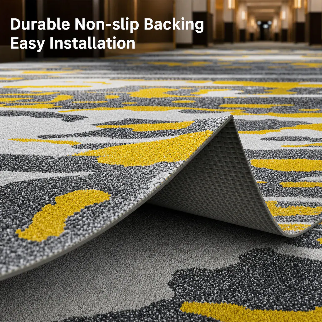 Durable non slip backing and easy installation detail for casino carpet