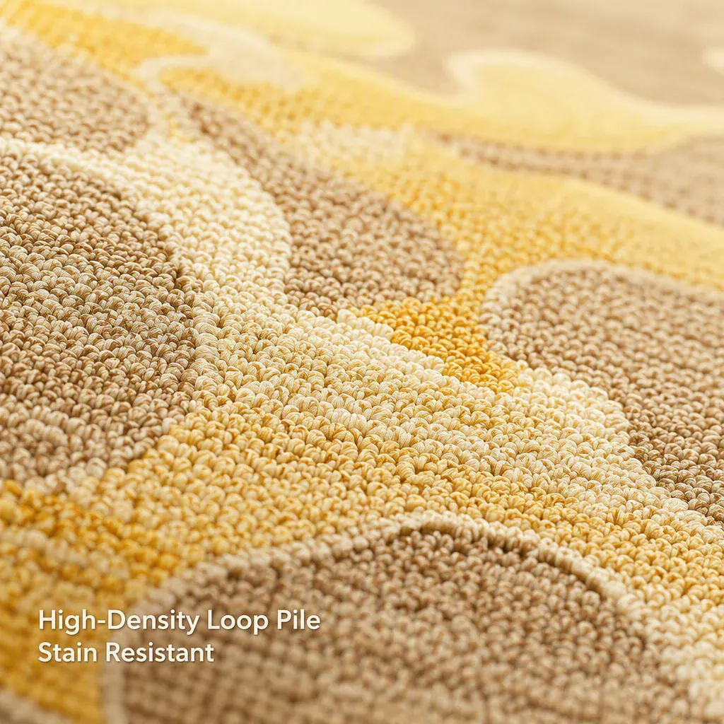 Beige and gold high density loop pile close up for stain resistant casino carpet