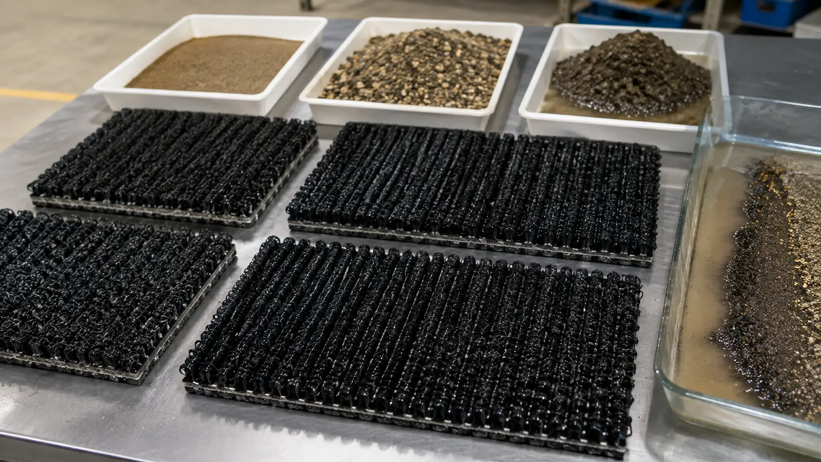 Close-up texture of gold mining carpet pile used for sample weight comparison