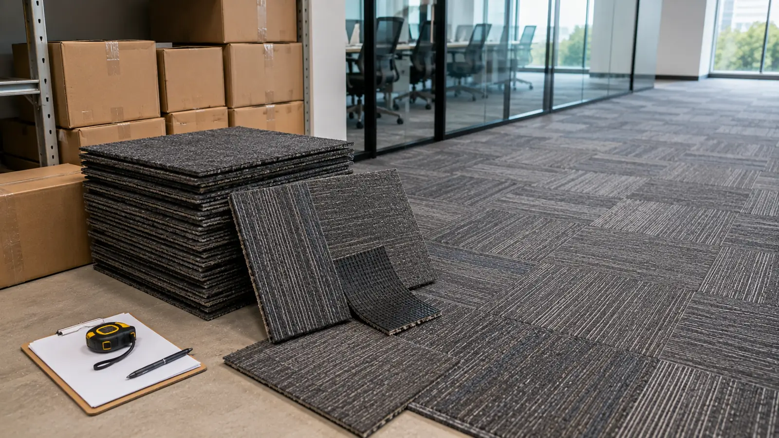 Stacked 50x50 office carpet tiles for carton and attic stock planning