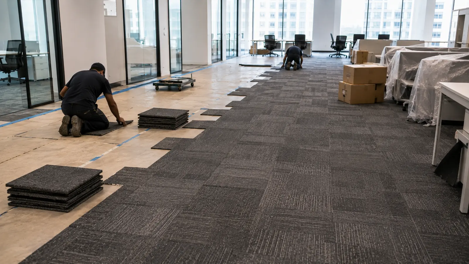 Blue gray office carpet tiles installed in a commercial corridor