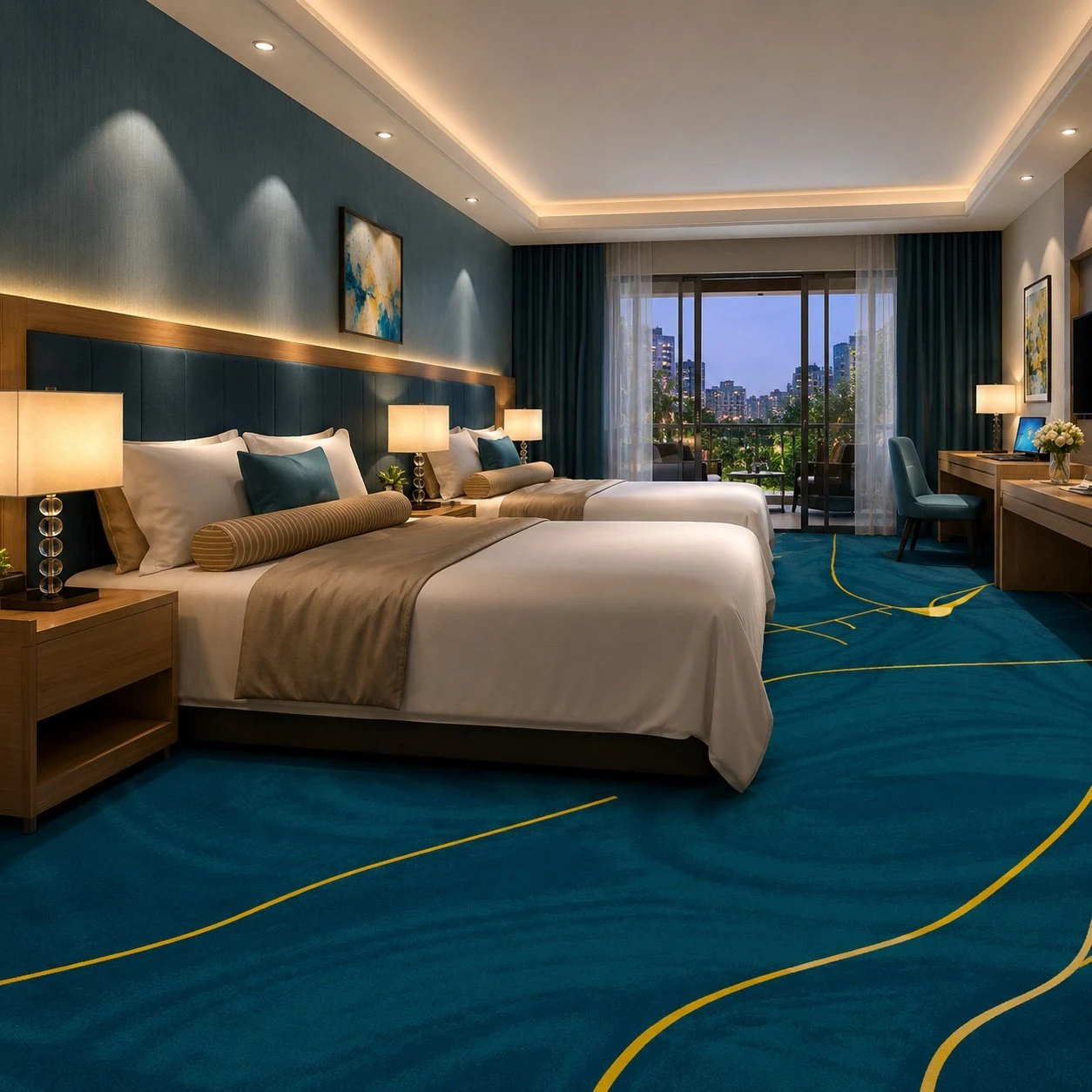 Custom 3D printed banquet hall carpet in teal and gold installed as hotel wall-to-wall broadloom