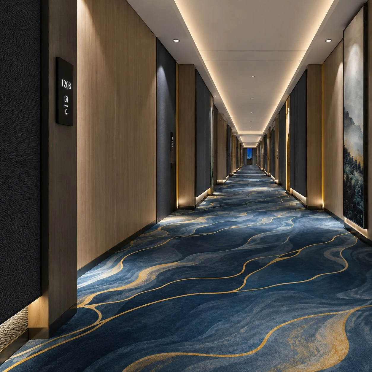 Hotel corridor wall-to-wall carpet with 3D printed blue and gold wave pattern by VCARPETS