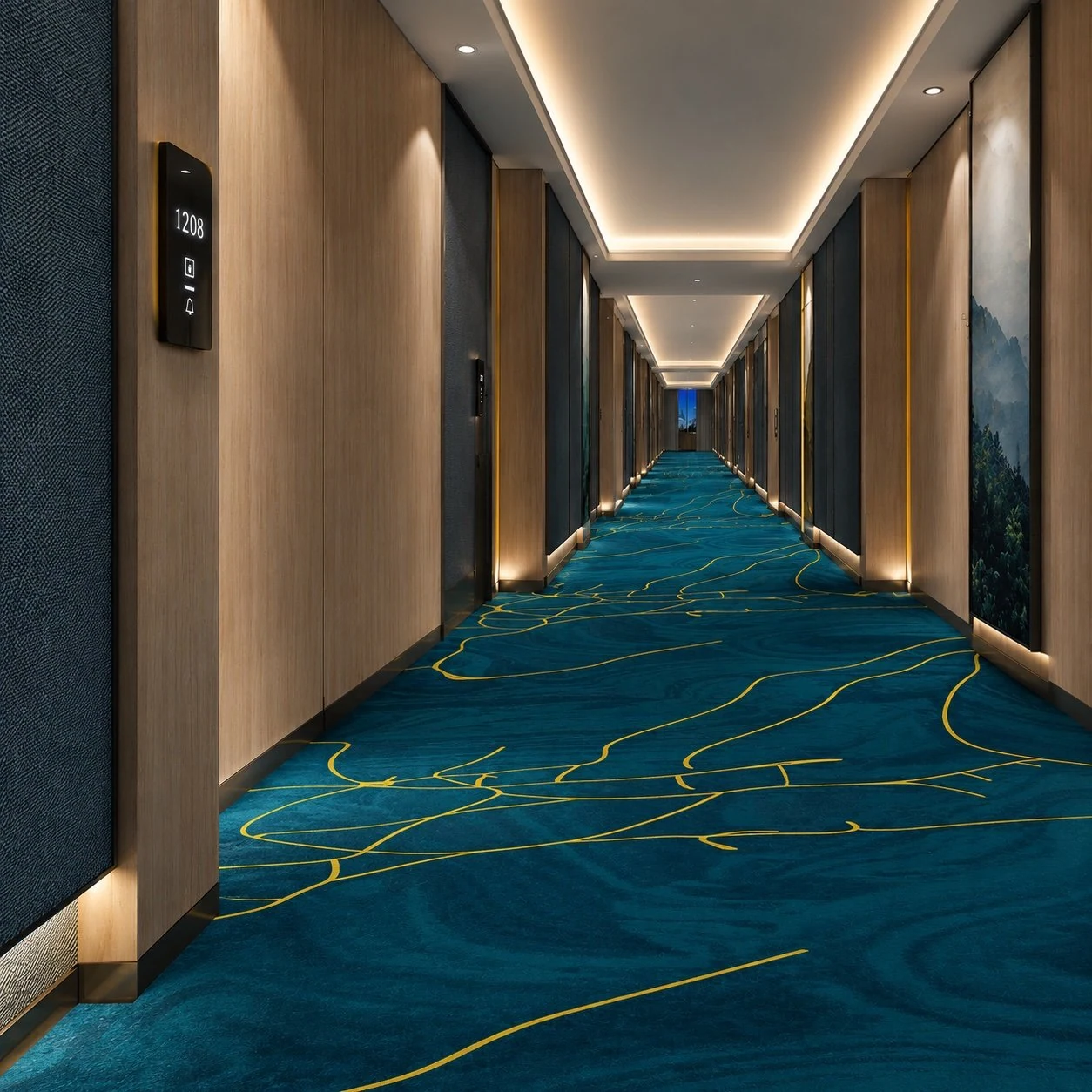 Custom 3D printed wall-to-wall hotel corridor carpet in teal with gold line pattern, project detail view
