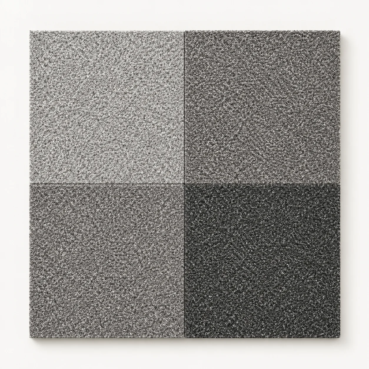 Design illustration of light, mid-gray and charcoal heathered carpet tile modules