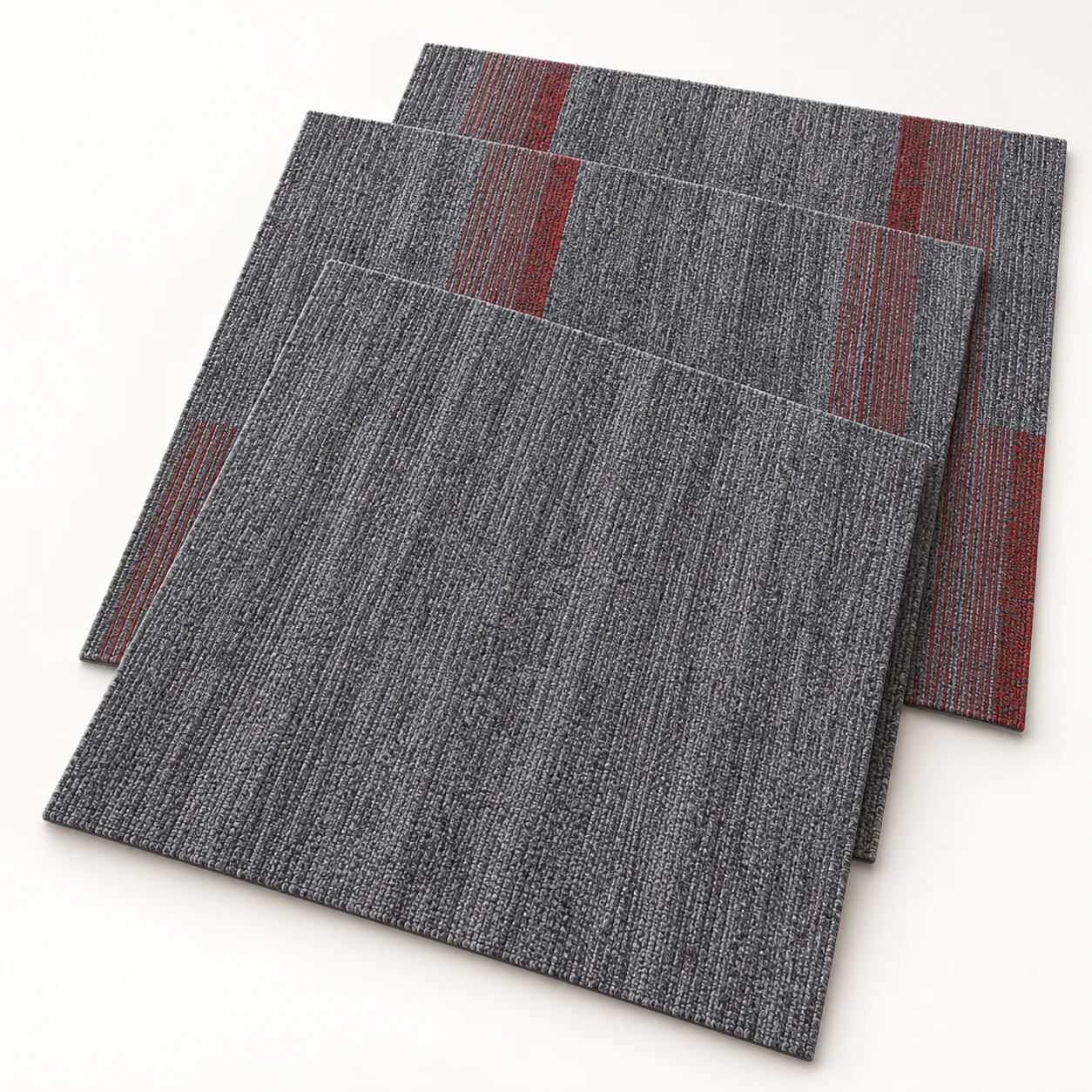 AI-generated design illustration of gray carpet modules with red linear accents