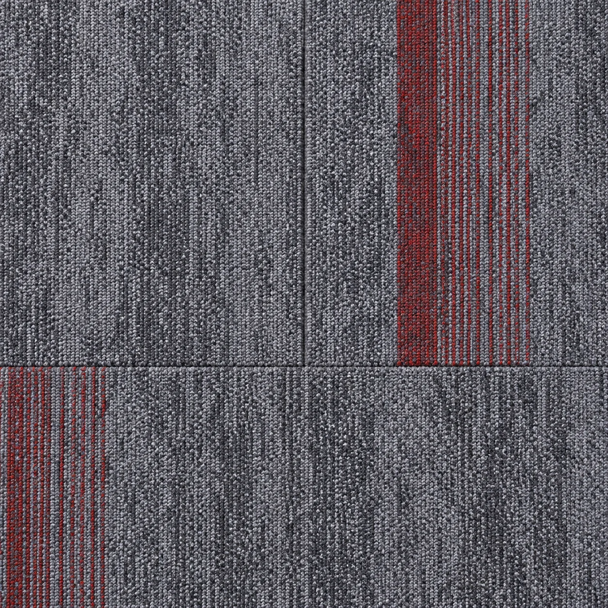 AI-generated detail illustration of adjoining gray carpet modules and red accent alignment