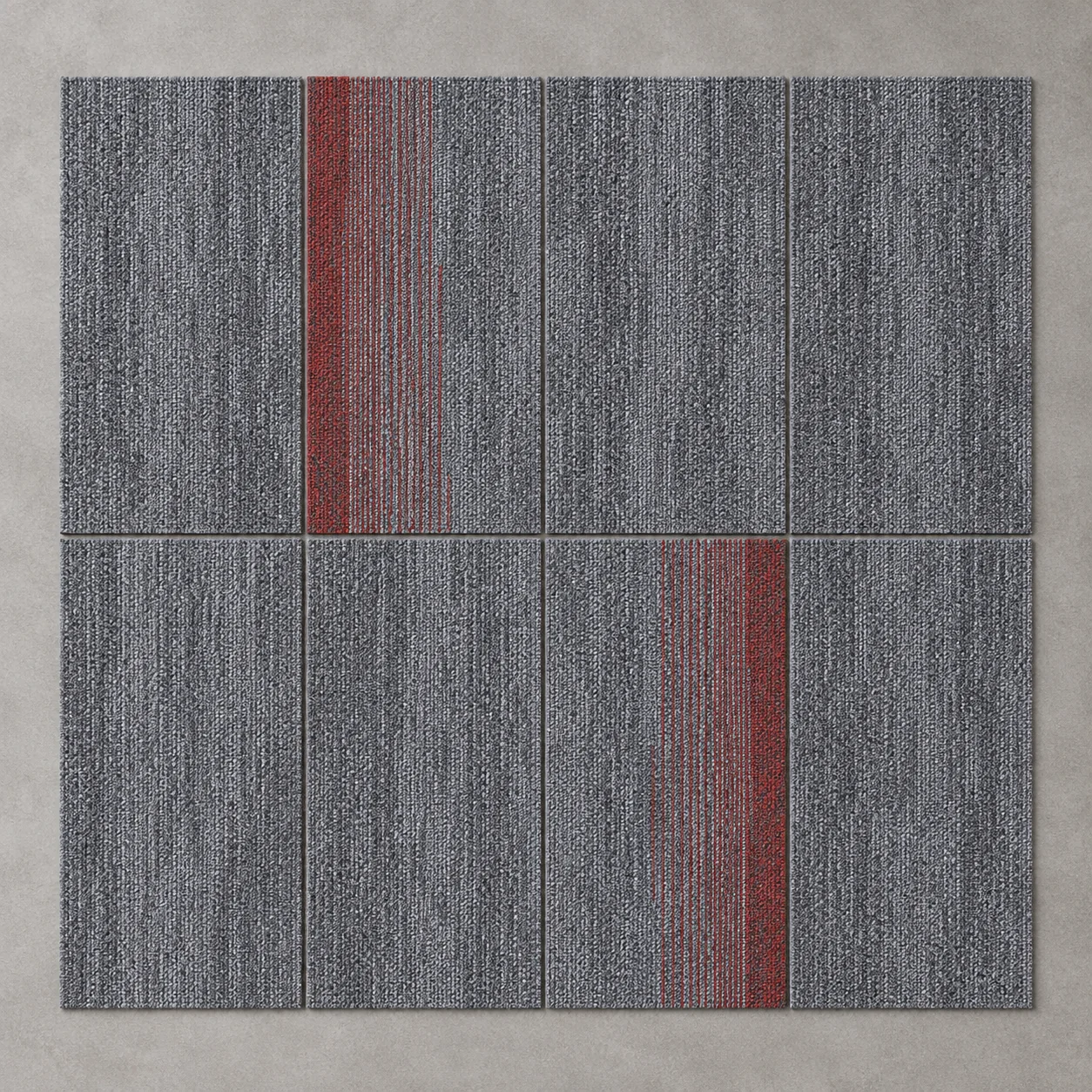 AI-generated design illustration of gray carpet modules arranged with red accents