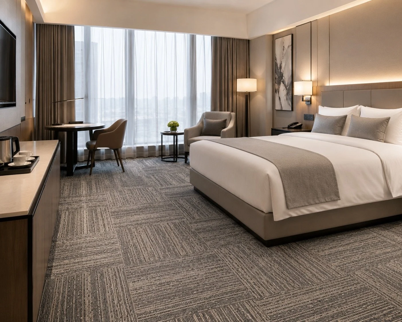 Hotel guest room with VCARPETS 50x50cm modular carpet tiles