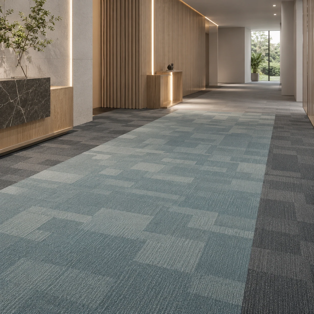 Nylon carpet tiles installed in a modern office corridor and hallway