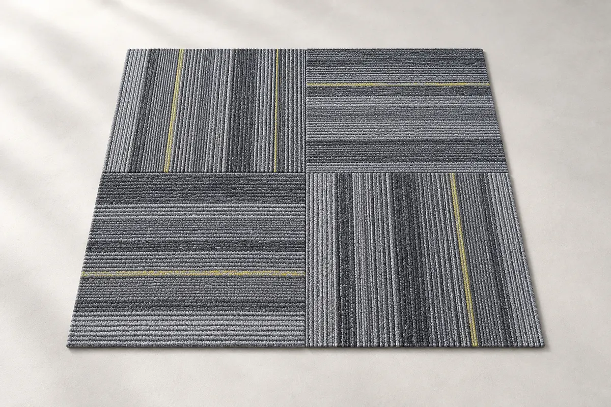 AI-generated appearance illustration of gray striped square carpet tiles with fine yellow accent lines