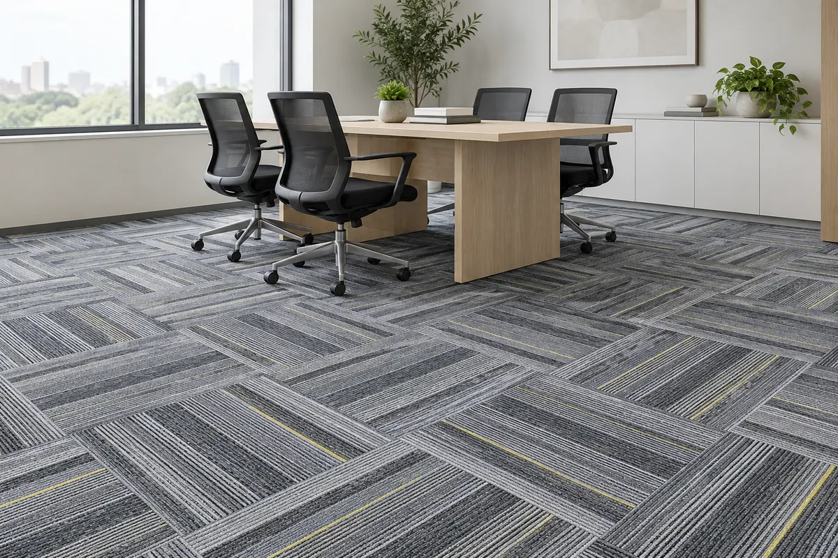AI-generated meeting room layout concept with gray striped modular carpet tiles