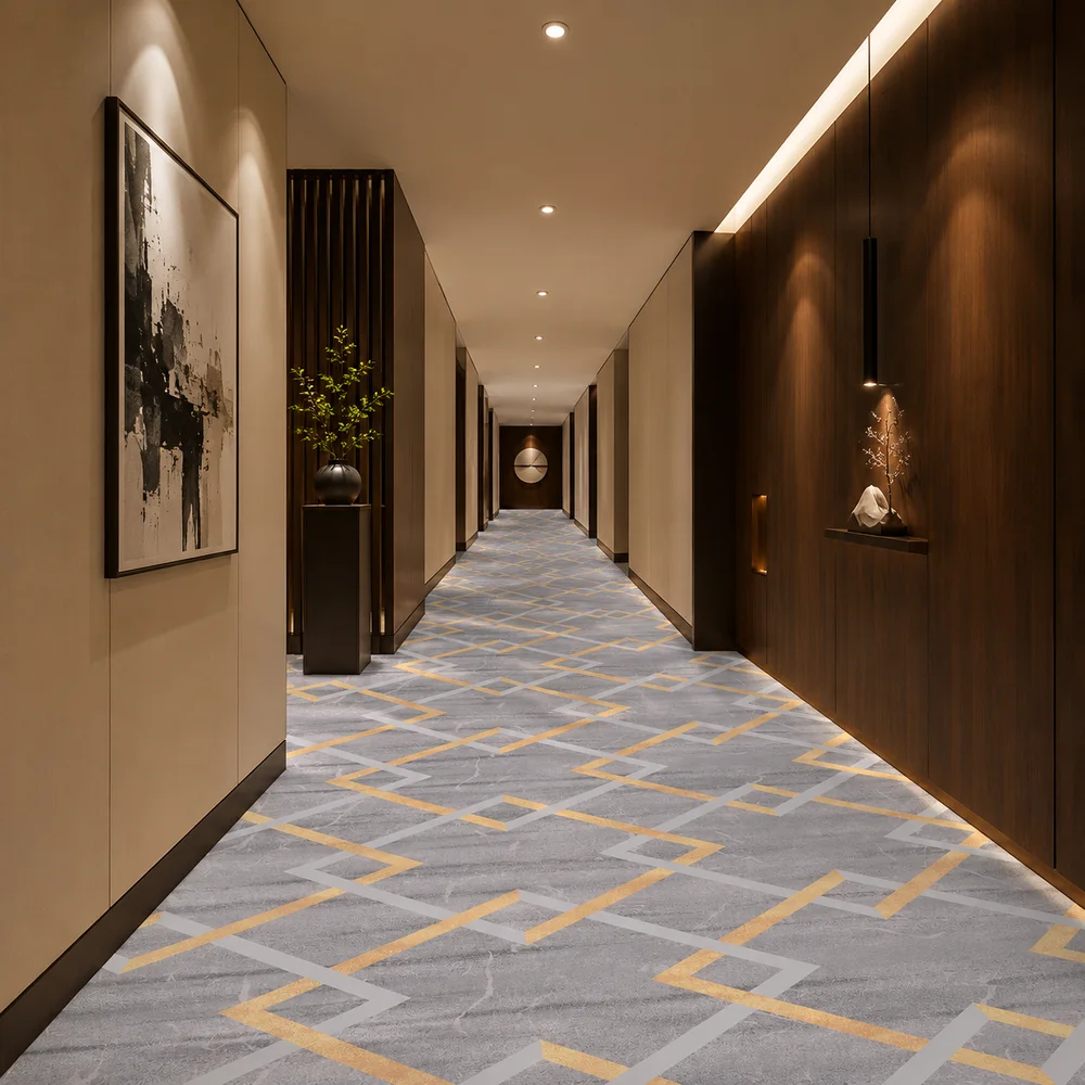 Custom floral printed wall-to-wall hotel carpet installed in a luxury corridor