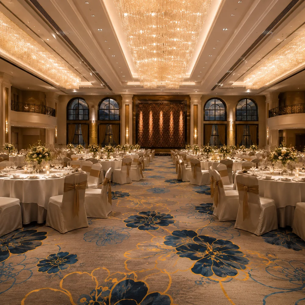 Custom floral printed broadloom carpet for a hotel banquet hall