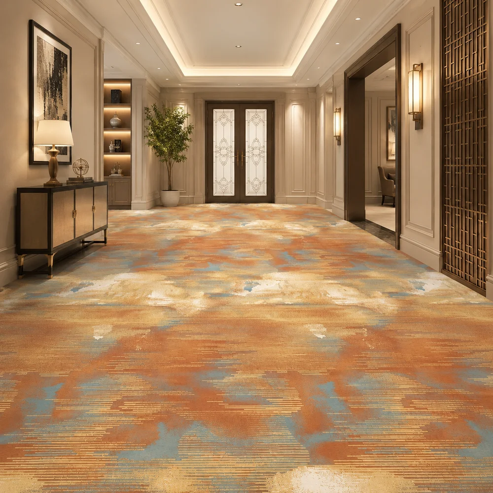 Custom luxury wall-to-wall carpet installed in a five-star hotel guestroom