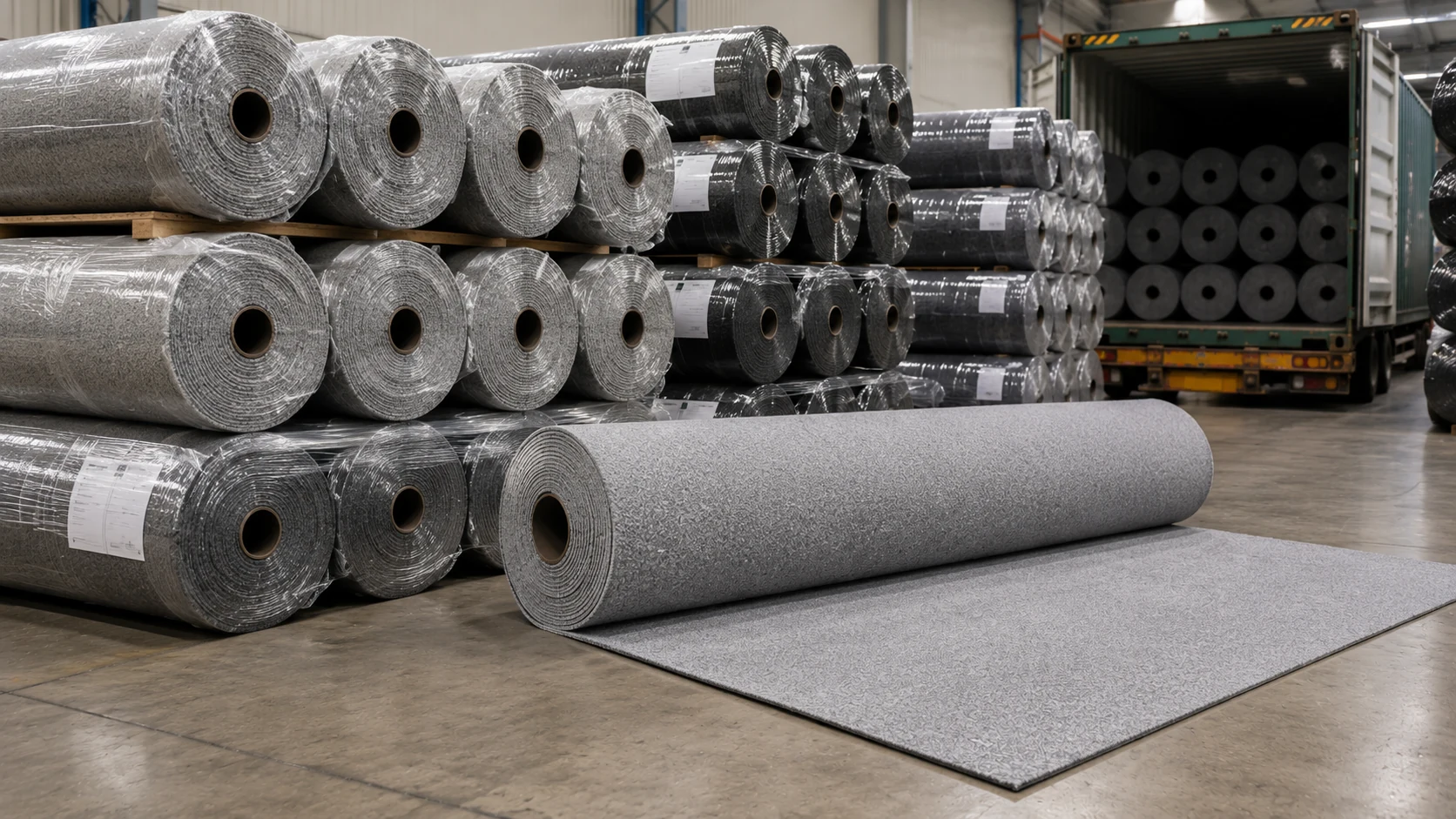 Reference scene showing reusable light grey exhibition carpet rolls, warehouse storage, and container planning