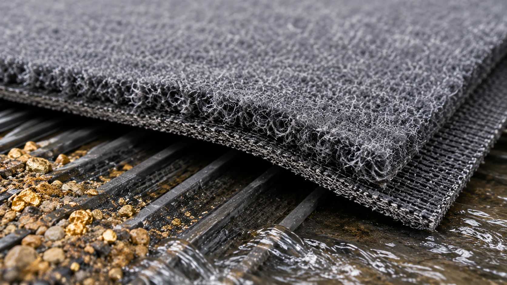 Close-up reference view of grey gold mining carpet fibre and reinforced backing over sluice riffles