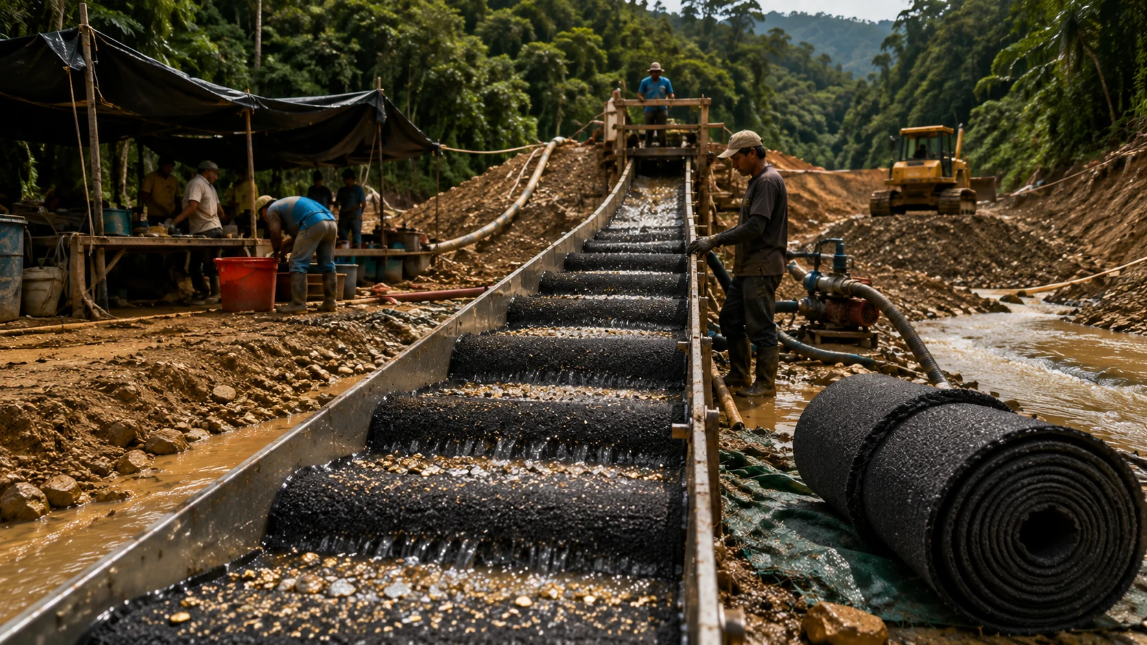 Reference scene showing black gold sluice matting in an alluvial mining wash operation