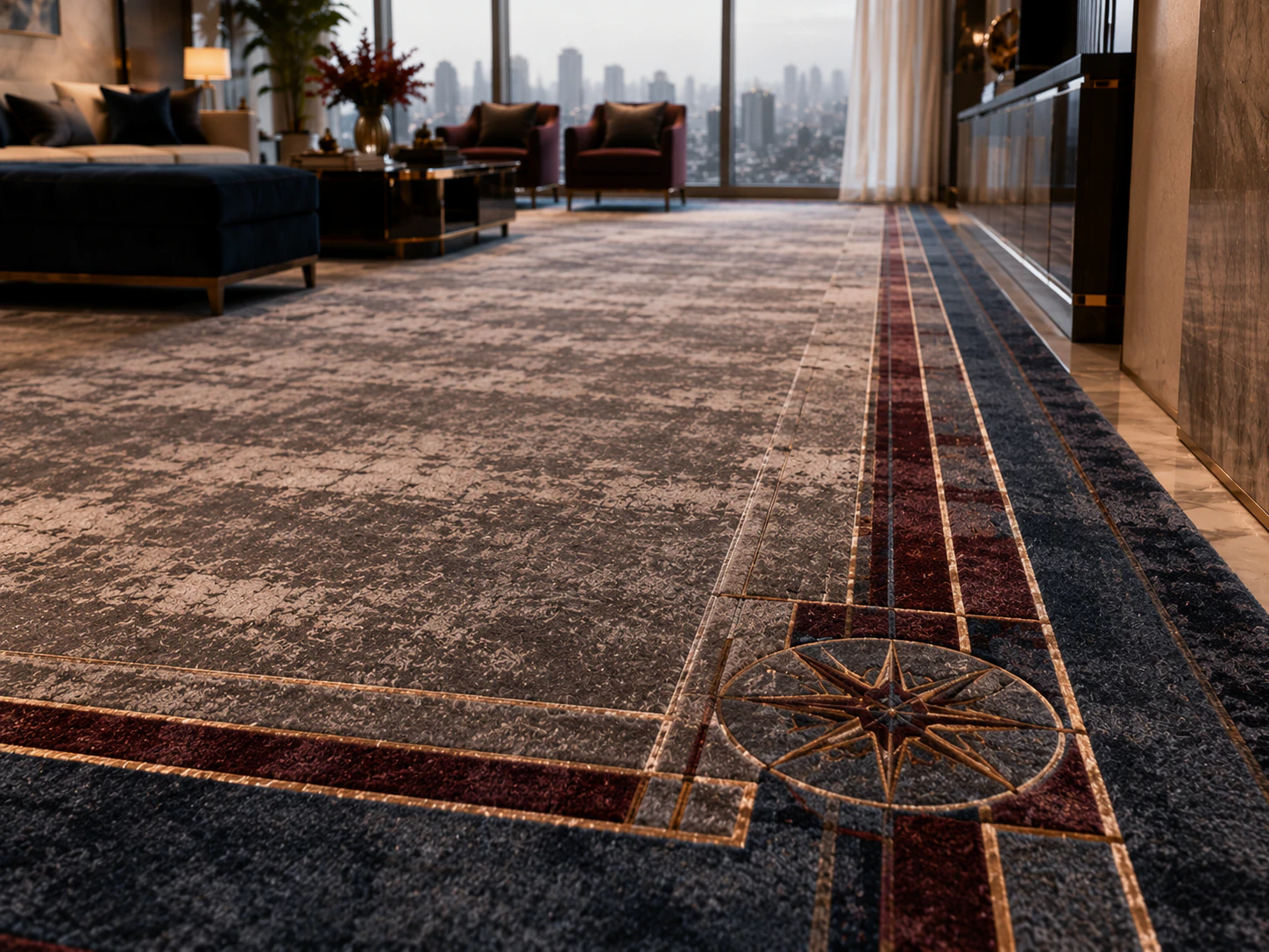 Close-up of custom crest border carpet in a Mumbai luxury high-rise residence