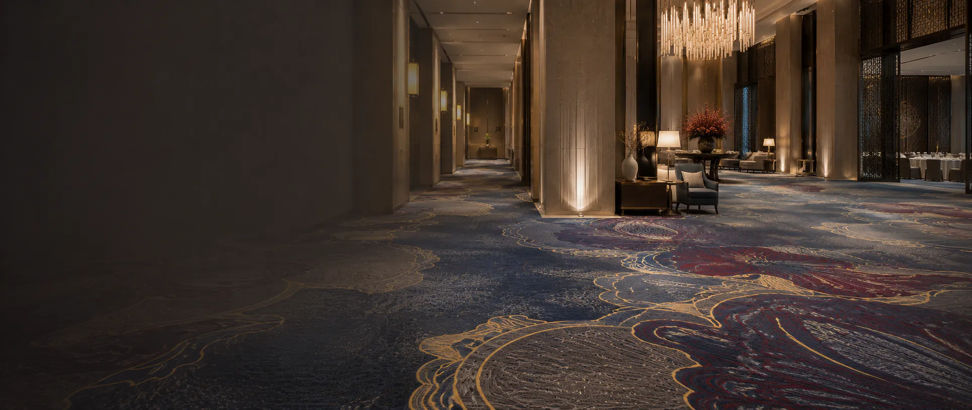 Luxury hotel lobby with custom patterned wall-to-wall broadloom carpet