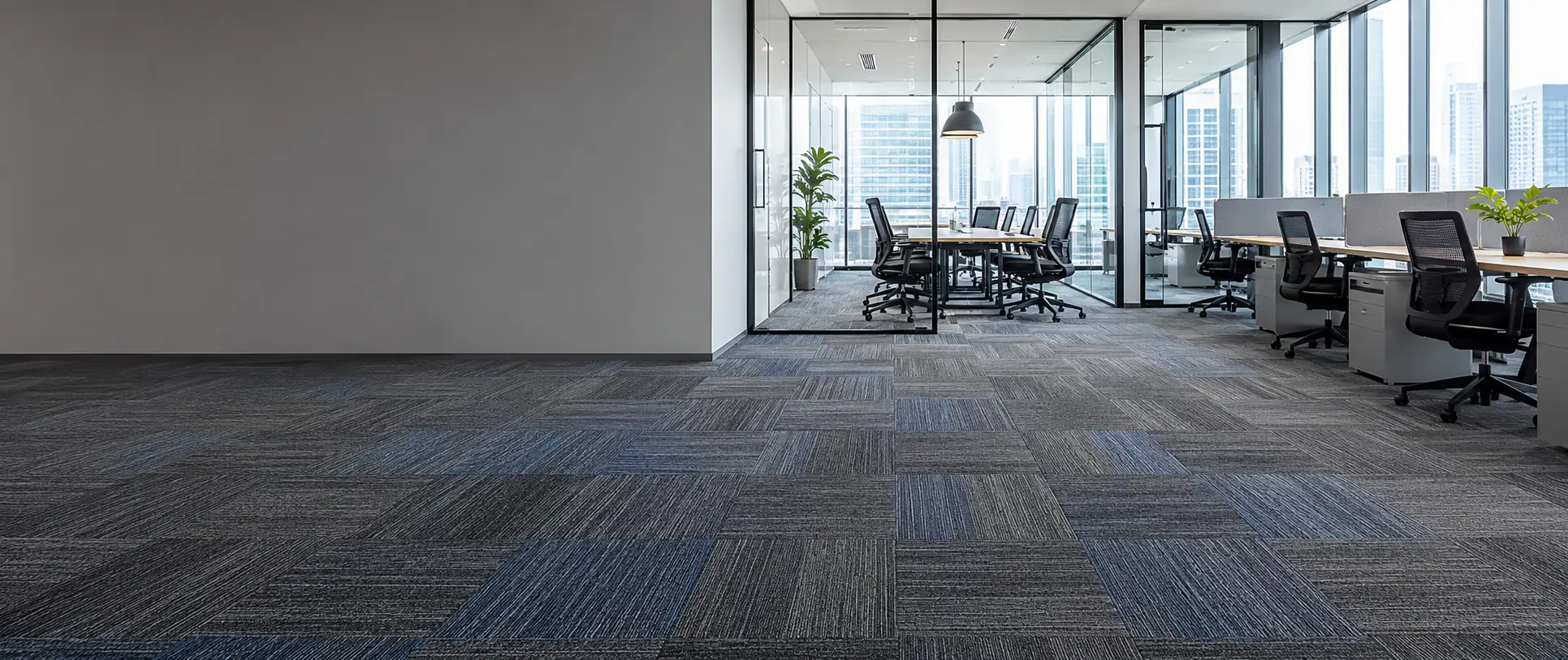 Modern office with blue and gray 50x50 commercial carpet tiles